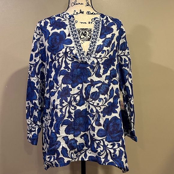 JOHNNY WAS Workshop Henley Voyager Floral Print Split V-Neck Long Sleeve Tunic - Picture 4 of 15